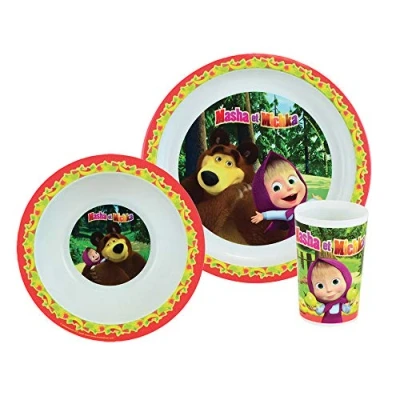 Imagen de Fun House 005844 Masha ET MICHKA Juego de Comida con Plato, Cuenco y Vaso para niños, Plástico, Multicolor