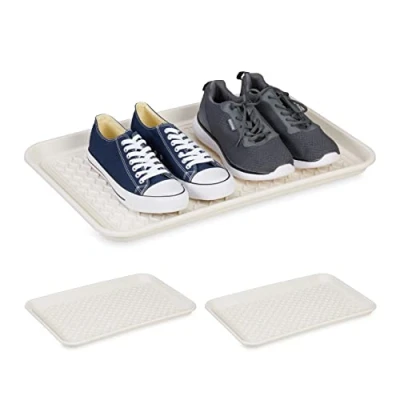 Imagen de Relaxdays Soporte Bandeja Zapatos XL, Set de 3, Base para Zapatillas Mojadas, 60 x 40 cm, Posazapatos Grande Plástico, Blanco