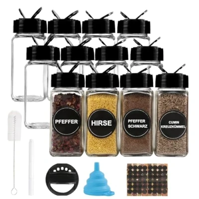 Imagen de pojah Juego de 12 tarros especias, 120 ml, especias rectangulares con tapa negra, embudo, cepillo, etiquetas y rotulador tiza, 10,5 x 4,3 cm
