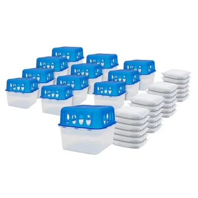 Imagen de 12 cajas para deshumidificadores ultrafrescos, granulados con 24 bolsas de 400 g, deshumidificador bandeja colectora, reutilizable, rellenable, color blanco y azul
