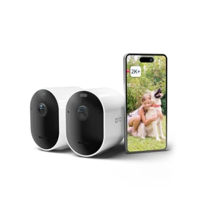 Imagen de Arlo Pro 5 Camara de Vigilancia WiFi Exterior 2K, Interior, Sensor Movimiento, Alarmas Para Casa, Visión Nocturna Color, Prueba Secure Incluida, 2 Cámaras, Blancas