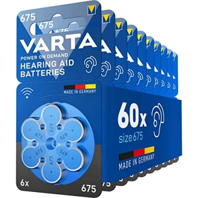 Imagen de VARTA pilas para aparatos auditivos tipo 675 azul, paquete de 60, Power on Demand, batería audífono, botón audífonos, Made in Germany