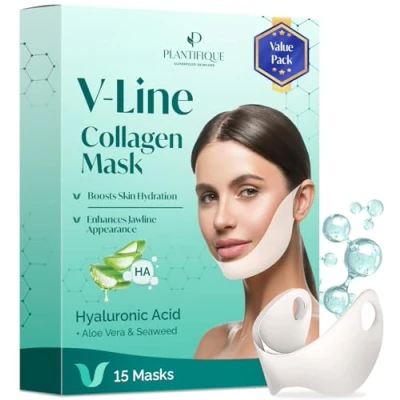 Imagen de PLANTIFIQUE Mascarilla Colageno Facial V Line Lifting Mask 15 Hidratante Mentonera para Papada Mujer y Hombres Collagen Face Chin Strap