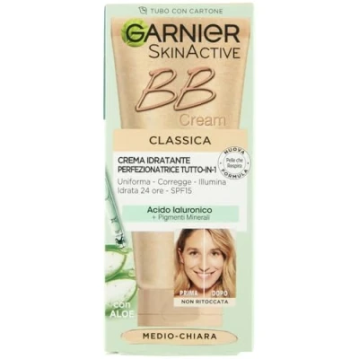 Imagen de Garnier BB Cream Classic SkinActive, para piel uniforme e hidratada, aspecto natural, enriquecido con ácido hialurónico, aloe vera y pigmentos minerales, SPF 15, tono: medio claro