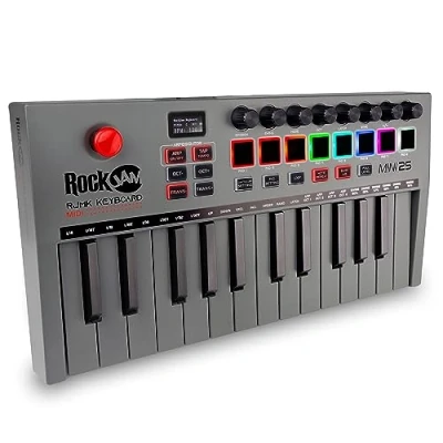 Imagen de RockJam Go Controlador de teclado MIDI USB y Bluetooth 25 teclas con 8 almohadillas batería retroiluminadas, perillas