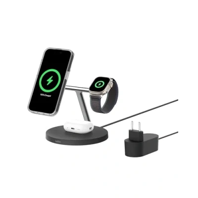 Imagen de Belkin BoostCharge Cargador Qi2 3 en 1, estación de Carga inalámbrica con MagSafe, Base para iPhone 16 Series, Apple Watch, AirPods, Soporte Antideslizante, Fuente alimentación, Negro