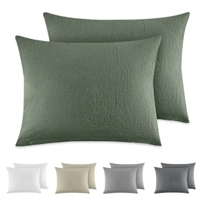 Imagen de Dreamzie Funda Almohada 40x60 cm (Juego de 2), 100% Algodón Lavado Color Verde, Aspecto Lino y Transpirable, con Cremallera