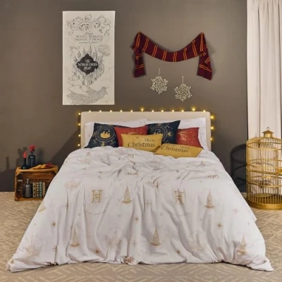 Imagen de BELUM Funda nórdica Harry Potter, con Botones 100% algodón Modelo Hogwarts Gold Christmas para Cama de 105 (180x220 cm)