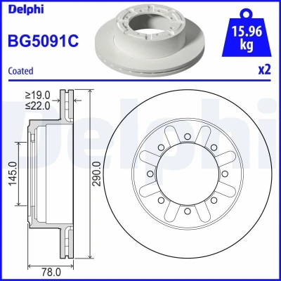 Imagen de DELPHI BG5091C Disco de freno 290 22 8 ventilado revestido sin procesar cojinete rueda, anillo sensor ABS, apoyo NISSAN: Cabstar