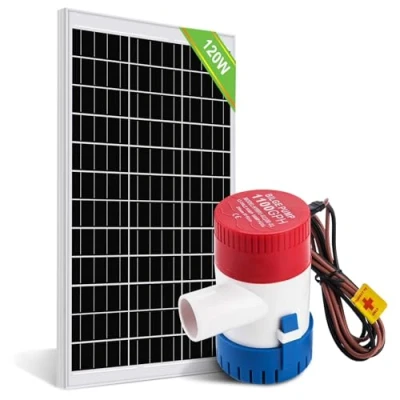 Imagen de DCHOUSE bomba de achique eléctrica 1100 GPH, 12 V CC, sumergible, agua mar, con panel solar 120 W para estanques, piscinas, barcos pesca y caravanas