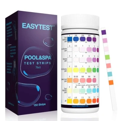 Imagen de EASYTEST 150 Tiras Reactivas de Prueba Piscina y Spa 7 en 1, Para Bañera Hidromasaje pH Prueba, Alcalinidad, Dureza Total, Medidor Cloro Libre, Acido Cianurico,Cloro Bromo