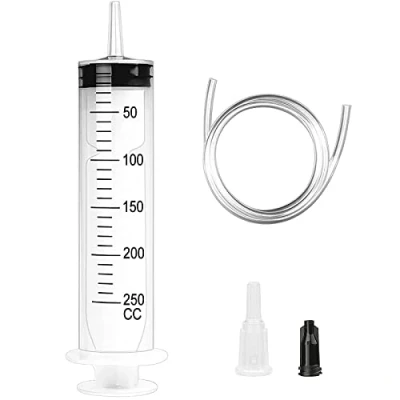 Imagen de Jeringa Grande de 250ml, Plastico Reutilizable con Manguera PVC 1m y Tapón, Embalaje Independiente para Laboratorio, Medición, Jardín Alimentación Mascotas