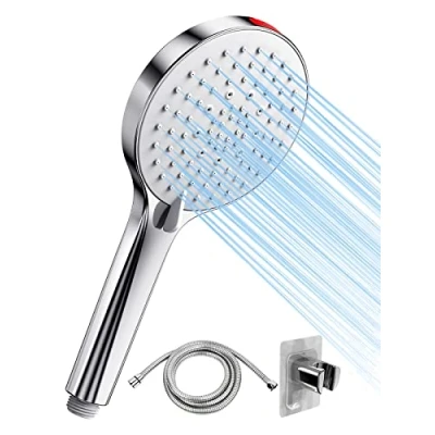 Imagen de SREWOHS Alcachofa de ducha con manguera ahorro agua (1,6 m, 8 l/min, agua, cabezal ducha, aumento presión, energía, cromado)