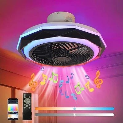 Imagen de Ventilador de Techo con Luz y Bluetooth Altavoz Música LED RGB Lampara Regulable Mando a Distancia APP Silencioso Luces araña para Dormitorios Salón Cuarto los Niños Habitacion