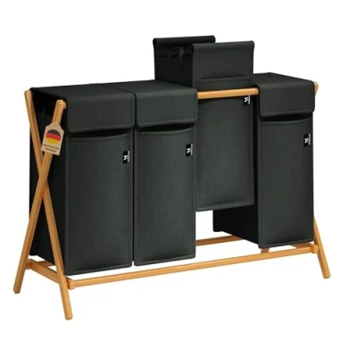 Imagen de AdelDream Cesto para la colada con 4 compartimentos 200 L de bambú ropa sucia madera tapa estantes en forma X color gris