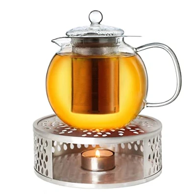 Imagen de Creano Tetera de vidrio + un calentador Acero inoxidable, 3 piezas, con colador inoxidable integrado y tapa vidrio, ideal para preparar tés sueltos 0,85 L calefactor