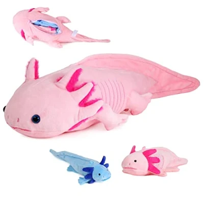 Imagen de lilizzhoumax Juguete de Peluche Ajolote con 2 Ajolotes pequeños, Juego Cremalleras Suave 3 Piezas, Regalo para Amigos Y Niños