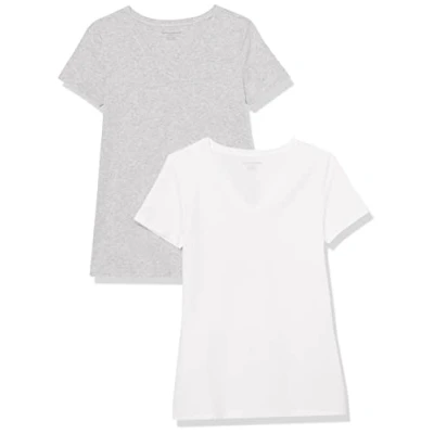 Imagen de Amazon Essentials Camiseta de Cuello en v Manga Corta y Ajuste Clásico Mujer, Pack 2, Gris Claro Mezcla/Blanco, XXL