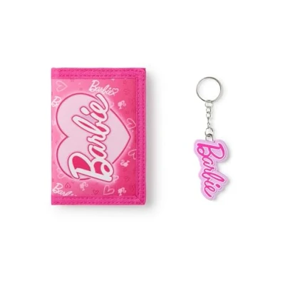Imagen de Barbie Cartera para niñas Triple Rosa con Estampado Integral de corazón niños Llavero Tarjetero y Efectivo