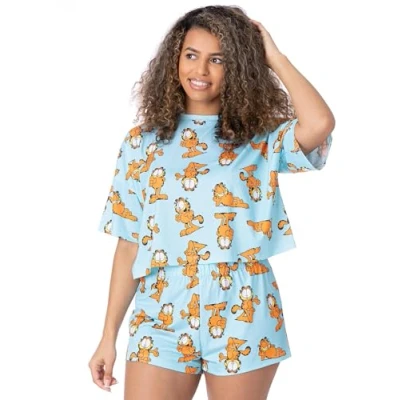Imagen de Garfield Pijamas Mujer Camiseta Recortada para Mujeres Adultas con Pantalones Cortos pjs Gato de Dibujos Animados Azul Pastel por Todas Partes Print Movie Merchandise