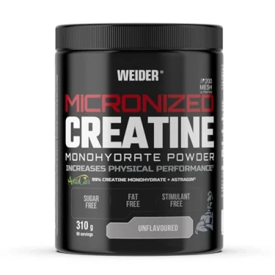 Imagen de Weider Micronized Creatine Monohydrate Powder (310g) Sabor Neutro. 99% Monohidrato de Creatina 200 Mesh con AstraGin, Sin Azúcar, Grasa, Estimulante, Vegano, Aumento del Rendimiento Físico