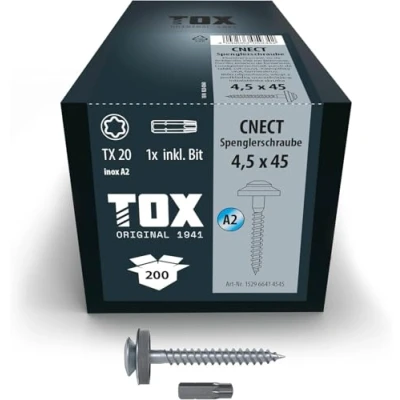 Imagen de TOX Tornillos de hojalatero CNECT 4,5 x 45 mm, tornillo resistente a la intemperie con arandela estanqueidad acero inoxidable A2, 200 piezas en una caja, 1x broca, 152966414545