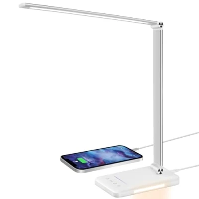 Imagen de BIENSER Lámpara de Escritorio, 560LM Mesa con 5 Colores y 10 Niveles Brillo, Regulable, Protección para los Ojos, Luz Nocturna, Puerto USB, Función Memoria, 30 Min Timer, 6000K, 10W