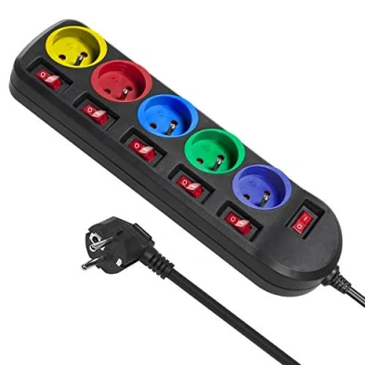 Imagen de Maclean MCE204 Regleta de 5 enchufes con Interruptor, protección Infantil, 2500 W, Color Negro y Multicolor