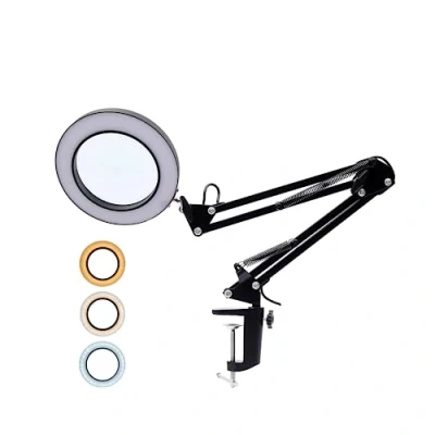 Imagen de NEW FLASH Lámpara de Lupa LED, Ampliación 5X Escritorio con Clip, 3 Modos Color y 10 Brillos Regulables, Alimentación USB, 370mm Brazo Giratorio Metal Ajustable (Negro, 12W)