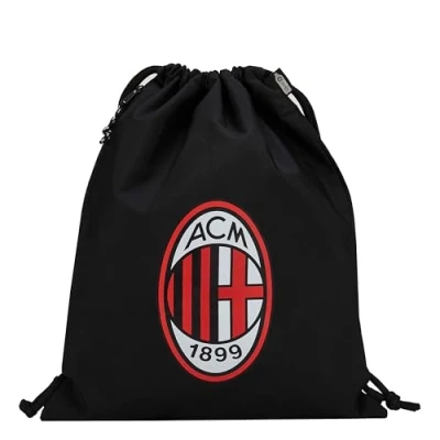 Imagen de AC Milan GIL S.R.L Bolsa de poliéster 300D RPET con bolsillo exterior lateral cremallera. Cordones gruesos Para todos los aficionados Rossoneri Producto oficial, Negro, L,