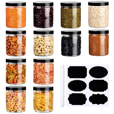 Imagen de BELLE VOUS Pack de 12 Botes Plastico Transparentes con Tapas, Etiquetas y Rotulador 500 ml Cocina Reutilizables, Alimentos Secos, Especias, Maní Para Manualidades Set Bote Hermetico