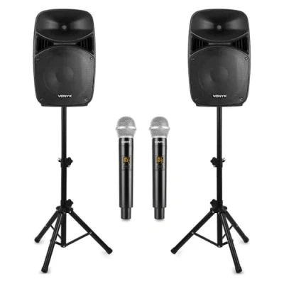 Imagen de Vonyx VPS152A Pack de Sonido para Karaoke 1000W con Altavoces 15&quot;, Bluetooth, USB, SD, AUX, micrófonos inalámbricos, Luces LED, Ecualizador 5 Bandas, Soportes y Mando a Distancia