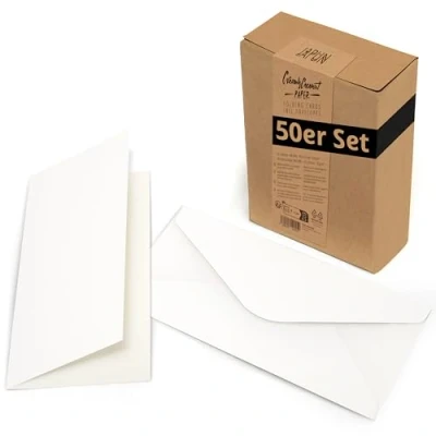Imagen de Japun juego de 50 tarjetas plegables en blanco que incluye sobres, para diseñar, etiquetar o imprimir DIN largo