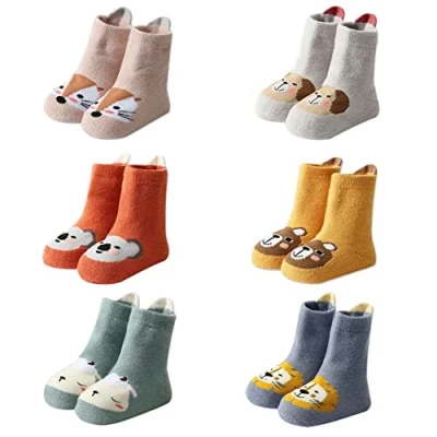 Imagen de FedMois Pack de 6 Calcetines Térmicos Invierno Algodón Antideslizantes para Bebé Niño Niña, Animales, 1 3 años