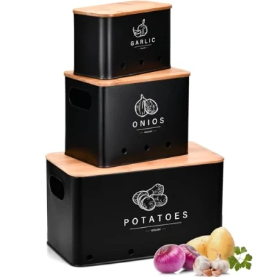 Imagen de YESLUSY Caja Para Guardar Patatas, Juego de 3 Tarros Patatas Cebollas y Ajos, Almacenamiento con Tapa Orificios Ventilacion, Organizador Cocina Diseño Retro (Negro)