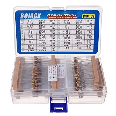 Imagen de BOJACK Surtido de resistencias 1 ohmio, m ohmios, 1/4 W, kit resistencia película carbono (25 valores, 1000 unidades)