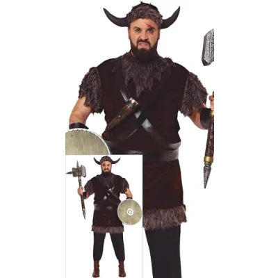 Imagen de FIESTAS GUIRCA Disfraz de Guerrero Vikingo para Hombre Histórico Rey Bárbaro incl. Tocado Cuernos Talla XXL