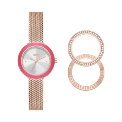 Imagen de DKNY Reloj para mujer Sasha, movimiento de cuarzo tres manecillas, caja acero inoxidable dorado rosa 29 mm con correa acero, NY6654SET