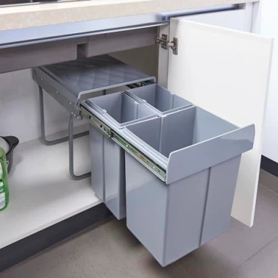 Imagen de [en.casa] Cubo de Basura Empotrable Grande Capacidad 2 x 10 L + 1 20 Papelera con 3 Compartimentos Bajo Fregadero Cómodo Plástico y Acero 48 34 42 cm Gris