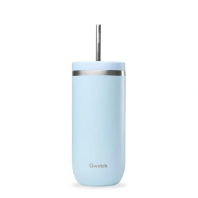 Imagen de QWETCH Cold Cup isotérmica 600 ml pastel azul 24 h helado &amp; 12 frío acero inoxidable reciclado, antisalpicaduras ideal para bebidas frescas, té de burbujas y café