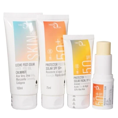 Imagen de Protección Solar Pack para viajar. Crema 50+ 75ml, Protector Facial 50 50ml, Alfer Sun 100ml y Stick Zonas Sensibles 13g. Apto viajar en avión. Marca Noche Día. Regalo Neceser
