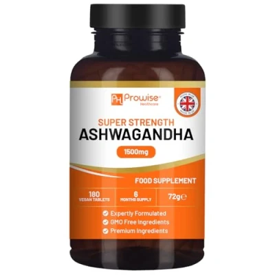 Imagen de Ashwagandha 1500mg 180 Comprimidos Veganos Suministro para 6 meses Extracto puro de raíz alta resistencia Fabricado en Reino Unido por Prowise Healthcare.