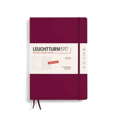 Imagen de LEUCHTTURM1917 370479 Agenda semanal y cuaderno 2025, composición B5, tapa dura, planificador de 12 meses, 80 g, a rayas, Port Red