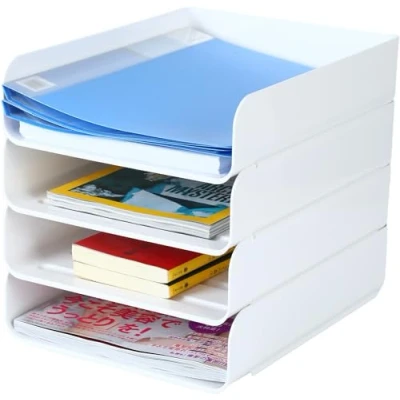 Imagen de Paquete de 4 bandejas papel apilables, organizador cartas, escritorio oficina, soporte A4, revistas suministros, documentos archivo, recibos (blanco)