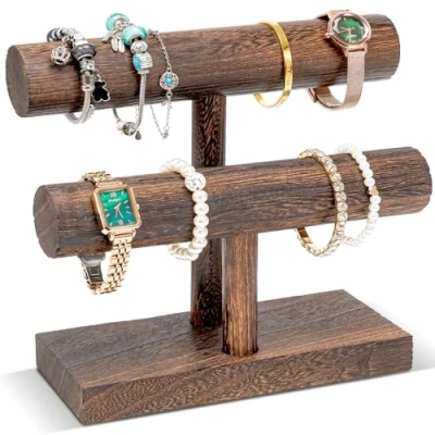Imagen de Procase Soporte para Pulseras de 2 Niveles, Torre Organizadora Madera Joyería Estante Almacenamiento Venta Relojes Marrón