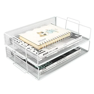 Imagen de EasyPAG Bandejas apilables de malla 2 niveles, tamaño A4, organizador papel almacenamiento, color blanco