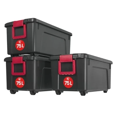 Imagen de Iris Ohyama, juego de 3 grande cajas almacenamiento para bricolaje, 75 L, con cierre a presión, apilable, garaje, jardín Store it All Box SIA Negro