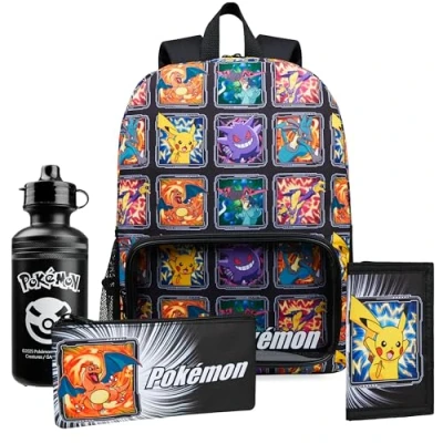 Imagen de Pokémon Mochila Escolar Set Mochilas Escolares 4 Piezas con Botella de Agua Bolsa Almuerzo Estuche Infantil o Cartera Anime Material (Multi Pzs)