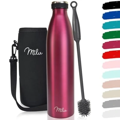 Imagen de Milu Termo Botella de Agua 500ml, 750ml, 1l Acero Inoxidable Aislamiento Vacío Doble Pared Libre BPA (Gris, 1000ml)