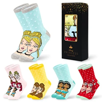 Imagen de Disney Calcetines Altos, Conjunto Divertidos para Mujer, Pack de 5 Pares (Multicolor Princesas)